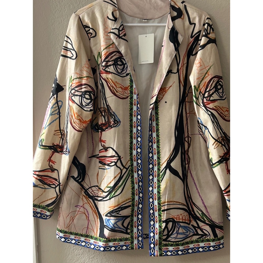 Camisa Women XL Abstract Face Print Open Front Blazer Multicolor Art Jacket NEW